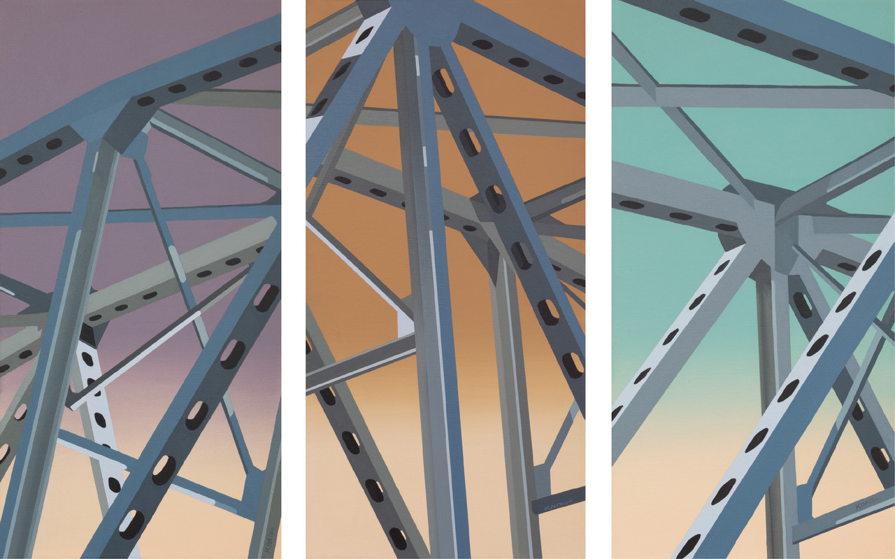 Flat and simplified painting of metal girders in three sections. The section on the left has a background of mauve, the center orange, and the right teal.