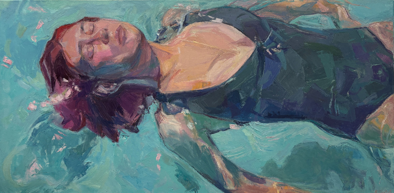 Painting of a woman in a pool, floating with her head facing to the left. She is in a dark blue one piece swim suit.